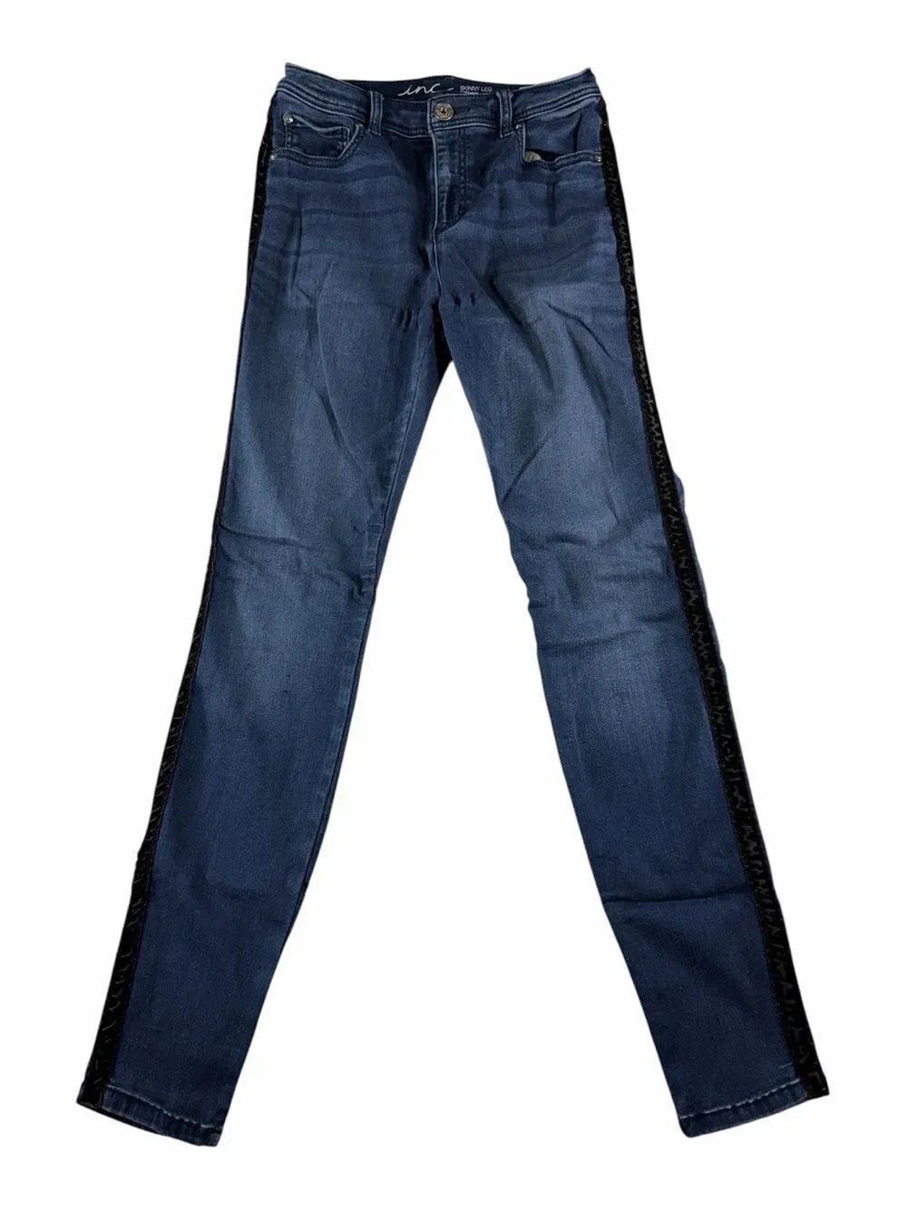 INC International Concepts Dark Blue Skinny Jeans with Black Side Stripe